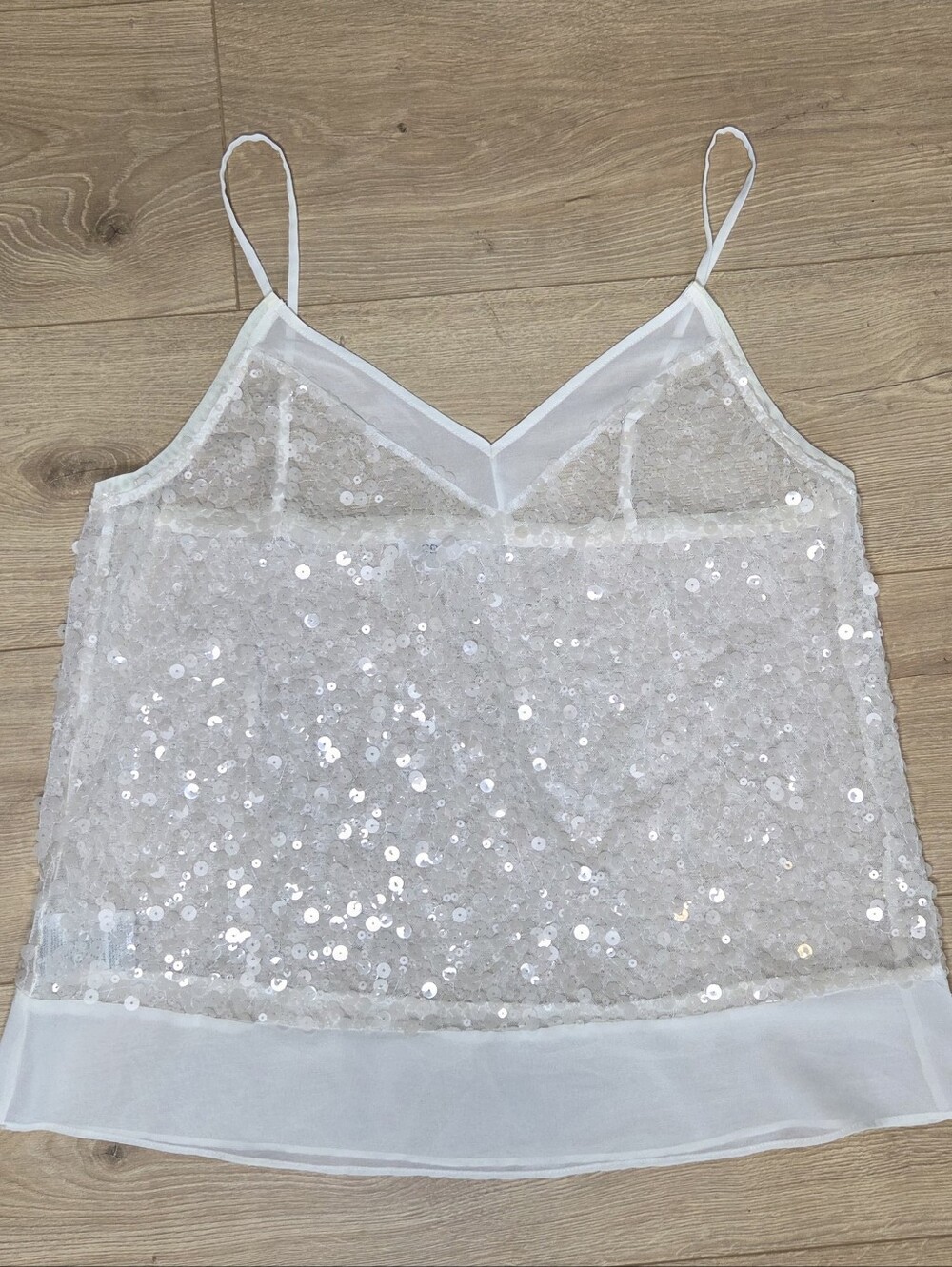 BCBGeneration Sequin Sheer Cami Tank Top Off White Party Holiday Glam Size Large